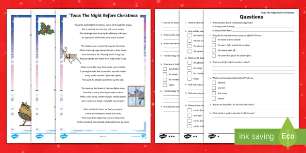 Twas the night before christmas worksheets