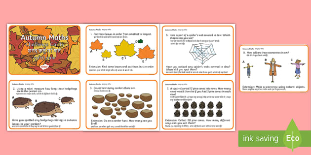 KS1 Autumn Maths Challenge Cards English/Hindi - Twinkl