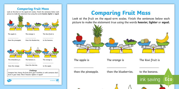grade math 1 blocks worksheets for Worksheet Mass Comparing Fruit  Worksheet  / Mathematics