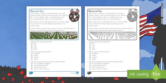 second grade memorial day reading passage comprehension ela