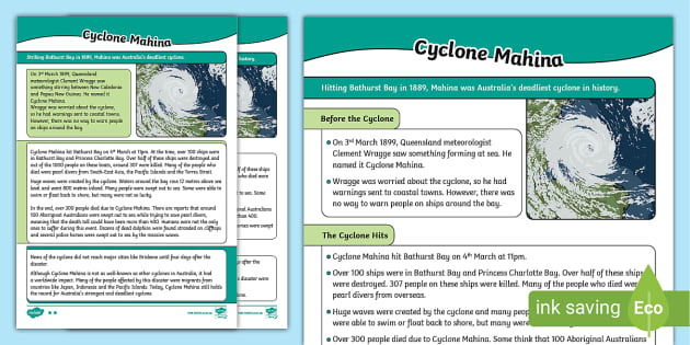 Cyclone Mahina Differentiated Fact Files - Twinkl