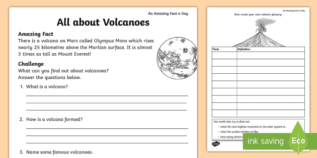 Hills and Volcano definition worksheet