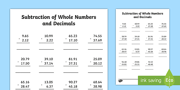 subtraction of whole numbers and decimals to two places worksheet