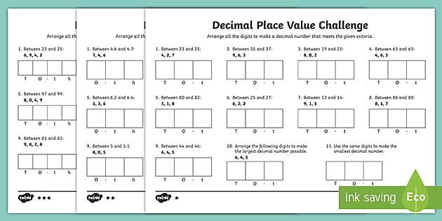 place value of decimal numbers activity maths worksheets