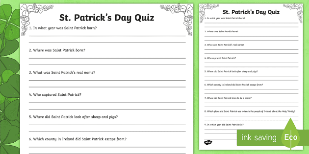 St Patrick S Day Quiz Worksheet