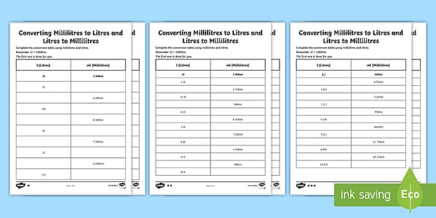 Converting litres to millilitres worksheet- easy to print.