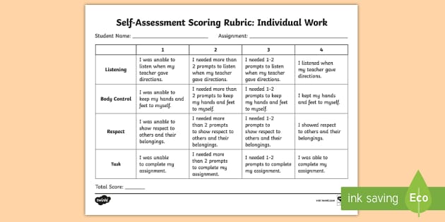 Individual Work Self Assessment Rubric Teacher Made