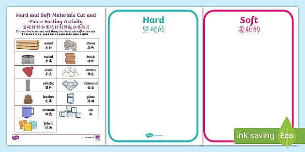 Hard and Soft Materials Cut and Paste Sorting Activity - English 