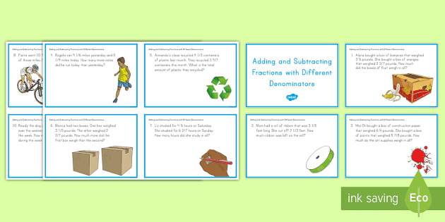 Adding And Subtracting Fractions With Different Denominators Task Cards