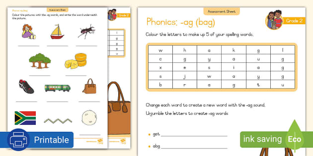 Grade 2: Phonics: ag: Assessment Sheet (teacher made)