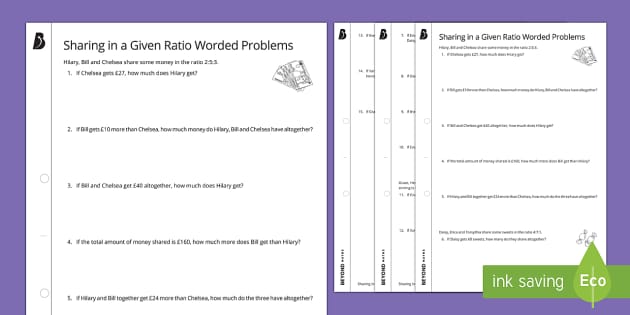 Sharing in a Given Ratio: Worded Problems Worksheet - Twinkl