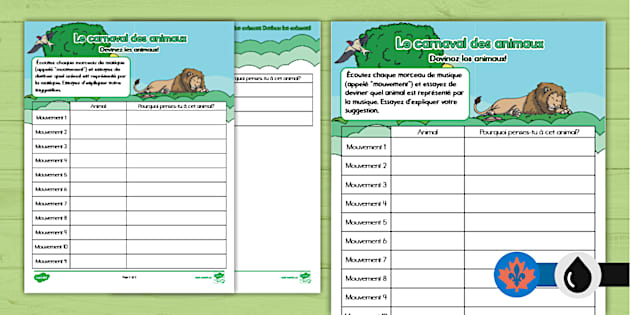 The Carnival of the Animals Worksheet French (teacher made)