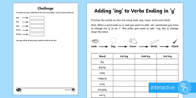 Year 2 Spelling Practice Adding ing To Verbs Ending In y Worksheet