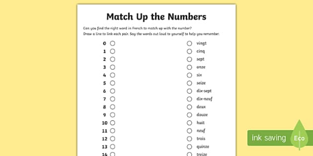 Matching French Numbers Worksheet