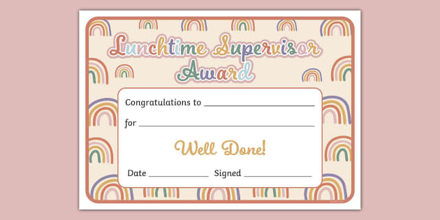 Muted Rainbow Themed Lunchtime Supervisor Award Certificate