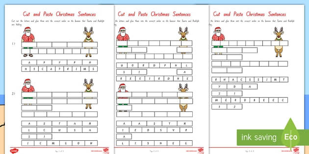 Christmas Cut and Paste Sentence Unscramble (teacher made)