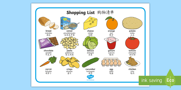 Shopping List Word Mat English Mandarin Chinese Pinyin Shopping List Word