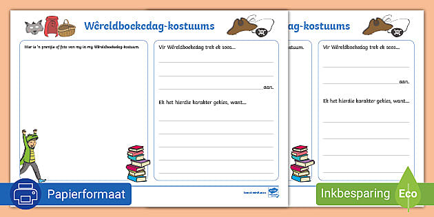 Wêreldboekedag-kostuums Skryfaktiwiteit (teacher made)