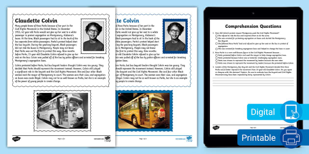 Sixth Grade Claudette Colvin Reading Passage Comprehension Activity