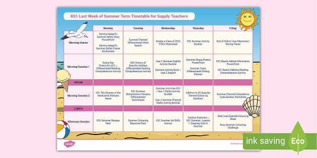 KS1 End of Summer Term Activity Timetable - Supply Teachers