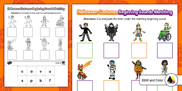Halloween Costumes Beginning Sounds Cut and Paste Matching
