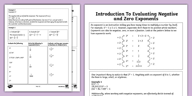 Eighth Grade Introduction To Evaluating Negative and Zero Exponents