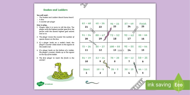 👉 Snakes and Ladders Subtraction to 100 Board Game