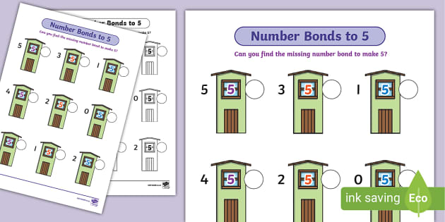Number Bonds to 5 on Houses Worksheet (teacher made)