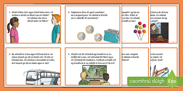 Mixed Maths Problems Challenge Cards Year 4 Gaeilge - Twinkl