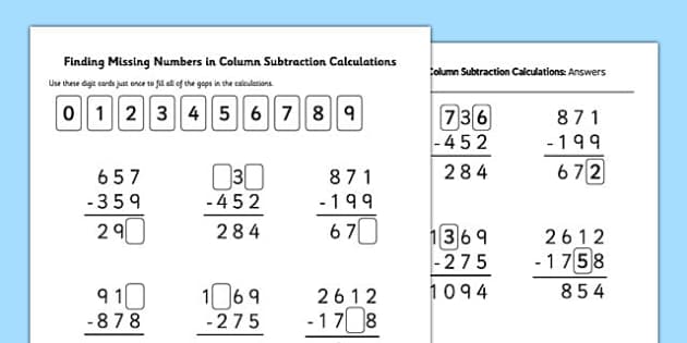 Find Missing Numbers In Column Subtraction Calculations Inverse Missing