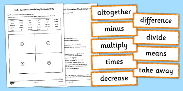 maths operations vocabulary sorting activity and pairs game