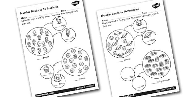 Number Bonds to 14 Problems Worksheet - numbers, bond, worksheet