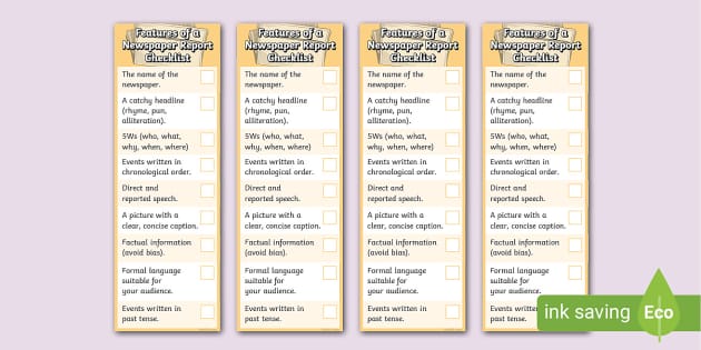 Features of a Newspaper Report Checklist Bookmark - Twinkl