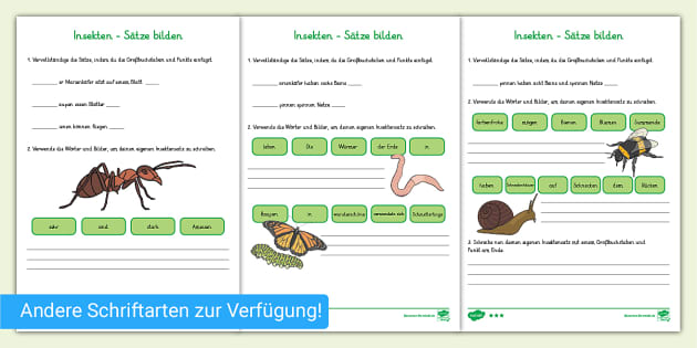 Insekten: Sätze bilden - Arbeitsblätter (unterschiedliche ...