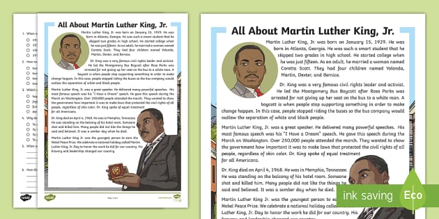 Third Grade All About Martin Luther King Jr Reading Comprehension Activity