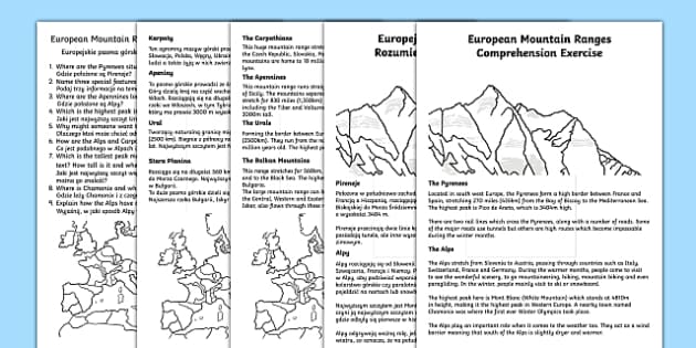 European Mountain Ranges Comprehension Activity English Polish European   PO T G 056 European Mountain Ranges Comprehension Activity English Polish Ver 4 