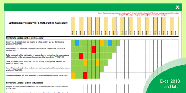 Victorian Curriculum Year 5 Mathematics Assessment Spreadsheet