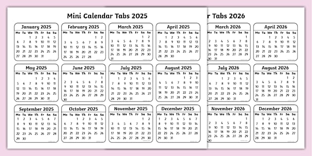 Mini Calendar Tabs 2025 and 2026 (teacher made) - Twinkl mini-calendar-tabs-2025-and-2026-teacher-made-twinkl