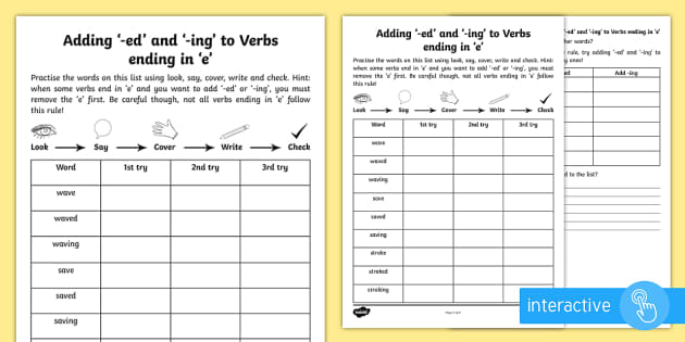 Year 2 Spelling Practice Adding -ed and -ing to Verbs Ending in 'e