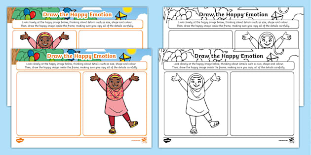 Draw the Happy Emotion Worksheet (Teacher-Made) - Twinkl