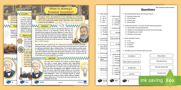 Greatest inventions reading comprehension worksheet pdf.
