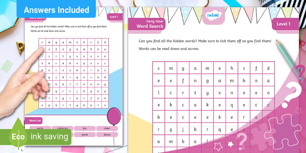 Party Time Fun Word Search Puzzle – L1 (Teacher-Made)