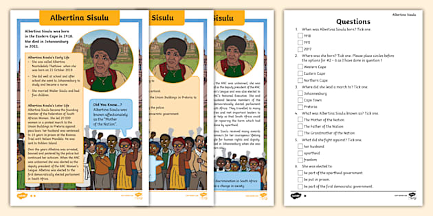 Albertina Sisulu - Differentiated Comprehension - Twinkl