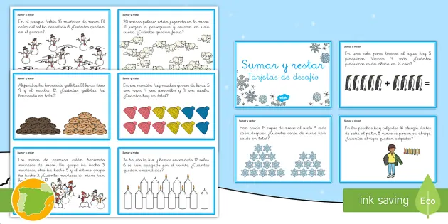 Tarjetas de desafío matemático: 1º de Primaria - El invierno