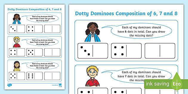 👉 Dotty Dominoes Composition of 6, 7 and 8 Worksheet