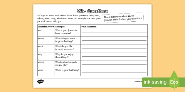 Wh- Questions Getting to Know You Activity Sheet
