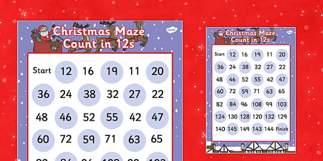 Christmas Maze Counting in 12s Worksheet Worksheet