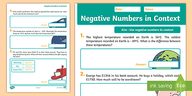 Negative Numbers Worksheet, Maths In Context