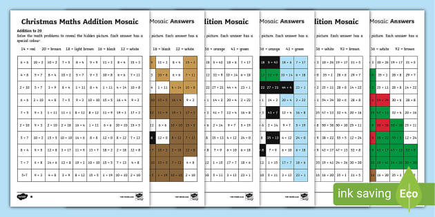 Christmas mosaic math worksheets
