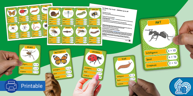 Minibeasts Addition up to 20 - KS1 Top Cards (teacher made)